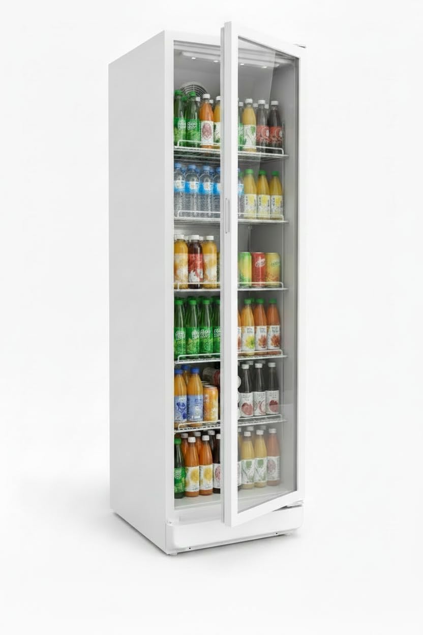 Refrigerador comercial para bebidas SCHOEPF GKS350 - Refrigeración por aire forzado - Refrigerador con puerta de cristal - 347 l - 5 estantes de rejilla ajustables - 194,5 cm de altura (blanco)