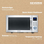 Microondas 4 en 1 SEVERIN "Crispy Wave", función de convección hasta 230 °C, freidora de aire, microondas, horno y grill, temporizador de 95 min, potencia máx. 2150 W, 25 L, plata/acero inoxidable, MW 7982