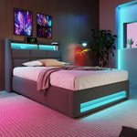 Cama tapizada Kayan 90x200cm, cama individual con almacenamiento y somier, cabecero LED con función de carga USB, cama con almacenamiento, cama funcional, respaldo, estructura de cama, lino (Gris, 90x200cm)