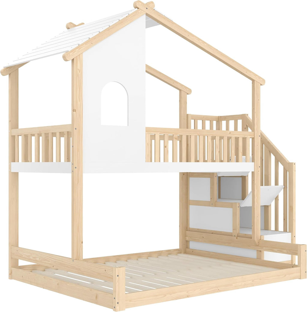 Litera infantil Merax para 2 niños, 90x200 y 140x200 cm, cama alta tipo casita con techo, ventana y barandilla, escalera con 2 compartimentos de almacenamiento, cama con somier y protección anticaídas, sin colchón, blanco y natural
