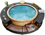 Borde KOIECETA con almacenamiento para jacuzzi spa piscina, borde de piscina de poliratán negro, madera dura, redondo, acero con recubrimiento en polvo (V31009)