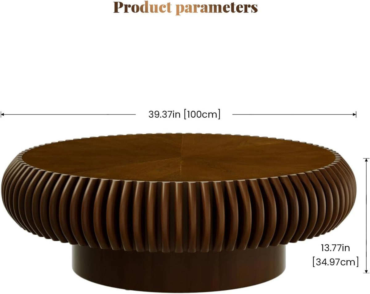 Mesa de centro redonda tipo tambor de madera, superficie acanalada, diseño de mediados de siglo, mesa de salón, estable y duradera (B madera de nogal 100 cm)
