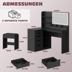 JUMMICO Schminktisch mit Spiegel und Licht, Eck Schminktisch L Hocker mit Beleuchtung LED 3 Farben, Make Up Table 120 breit mit 5 Schubladen und Steckdosen, Schwarz