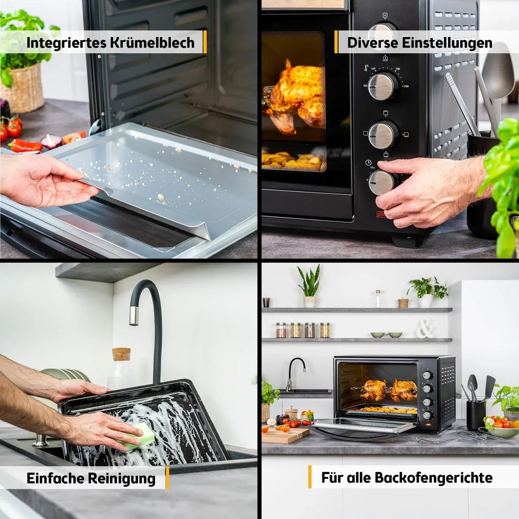 Minihorno TZS First Austria 60 L 2000 W, horno para pizza, 230 °C, 6 modos, temporizador de 60 min, 4 alturas de inserción, bandeja de horno, rejilla, asador giratorio, A++