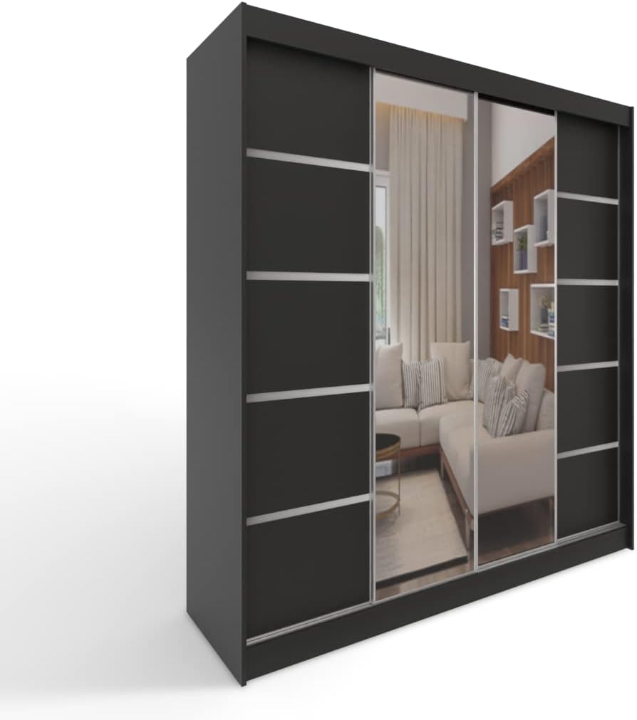 Armario con puertas correderas ML Furniture C5 150 x 200 x 58 cm con espejo - Mueble de dormitorio, almacenamiento - Armario multiusos - Color: Blanco - 2 puertas correderas