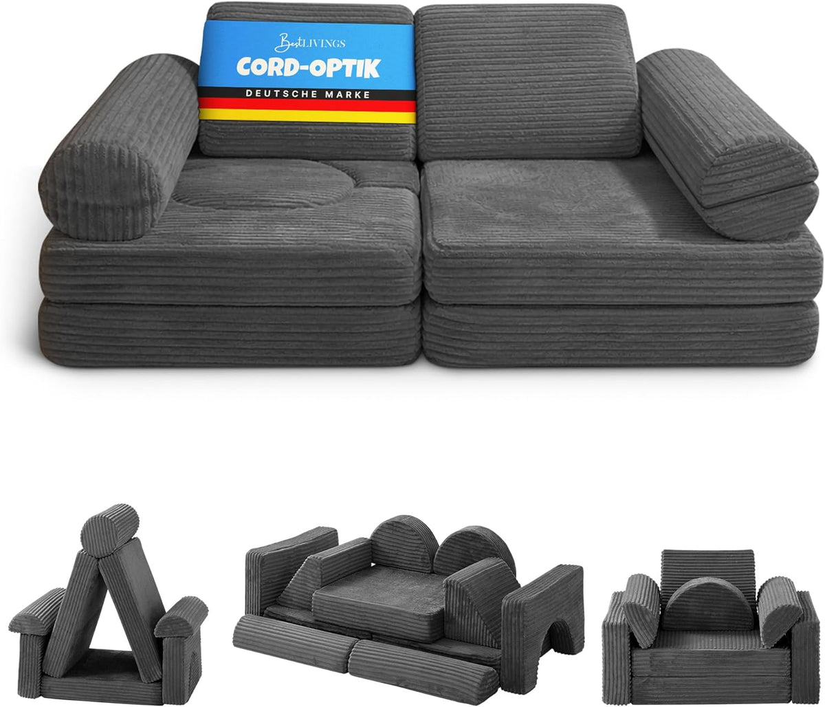Bestlivings Spielsofa Kinder 11-teilig Bezug (Anthrazit) aus Flanell-Cord – Modulare Spielcouch für kreatives Bauen im Kinderzimmer, formstabil und erweiterbar | ÖKO-Tex Standard 100, Füllung: mittelfest, Bezug abnehmbar, 11 tlg. modular, Atmungsakti