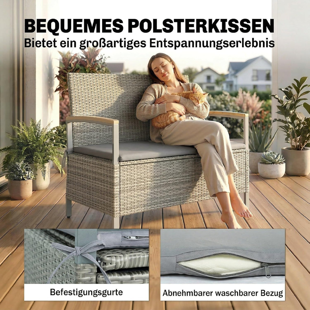 Banco de jardín Outsunny de polirratán, 170 L, banco de 2 plazas con almacenamiento, cojines extraíbles, forro interior con cremallera, reposabrazos de madera de acacia, banco arcón resistente a la intemperie para herramientas, cojín de asiento gris claro