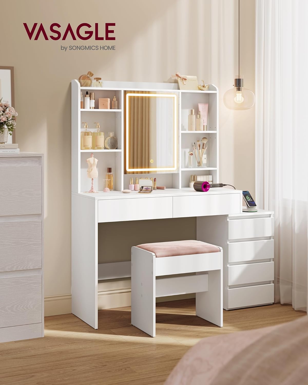 Colección VASAGLE Kailyn - Tocador con iluminación LED, mesa de maquillaje con regleta, espejo, tocador con estantes ajustables, moderno, 40 x 124,7 x 145 cm, blanco nube RDT644WB01