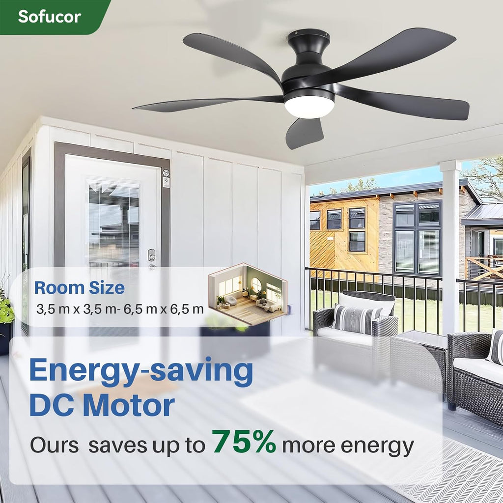 Ventilador de techo inteligente Sofucor con iluminación, ventilador de techo de 132 cm con luz, Alexa/APP, control remoto, 3 temperaturas de color, temporizador, 6 velocidades, motor CC silencioso para dormitorio y salón