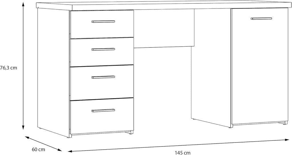 Forte NET106 Schreibtisch 140 150, Schreibtisch mit 4 Schubladen und 1 Tür, Home Office, Büro, Computertisch, Holzwerkstoff, Betonoptik Lichtgrau / Weiß, 145 cm breit x 60 cm tief x 76,3 cm hoch