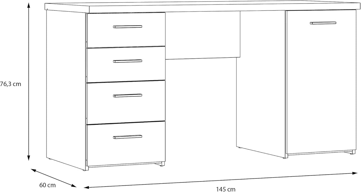 Forte NET106 Schreibtisch 140 150, Schreibtisch mit 4 Schubladen und 1 Tür, Home Office, Büro, Computertisch, Holzwerkstoff, Betonoptik Lichtgrau / Weiß, 145 cm breit x 60 cm tief x 76,3 cm hoch