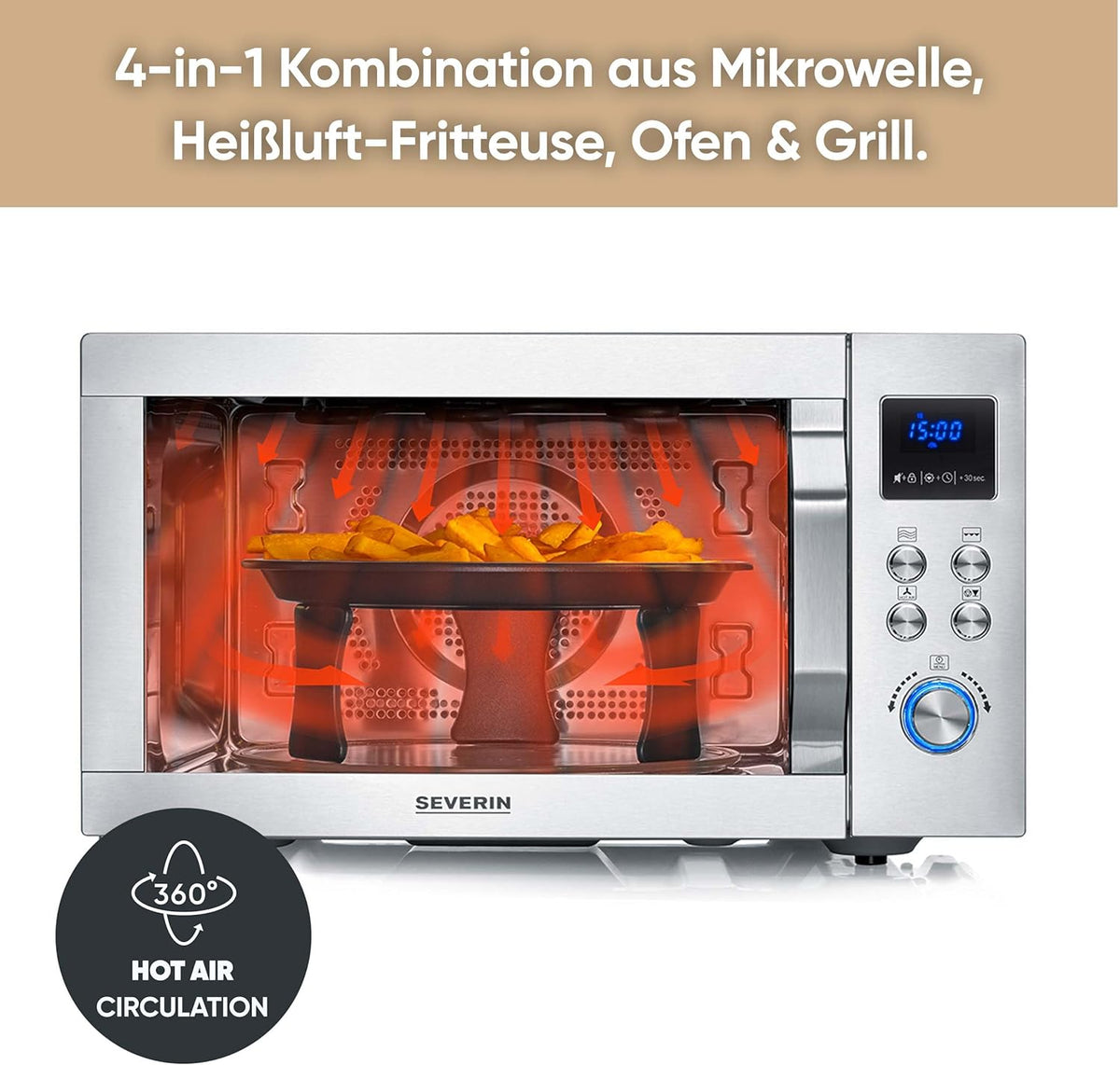 Microondas 4 en 1 SEVERIN "Crispy Wave", función de aire caliente hasta 230 °C, freidora de aire, microondas, horno y grill, temporizador de 95 min, potencia máx. 2150 W, 25 L, plata/acero inoxidable, MW 7982