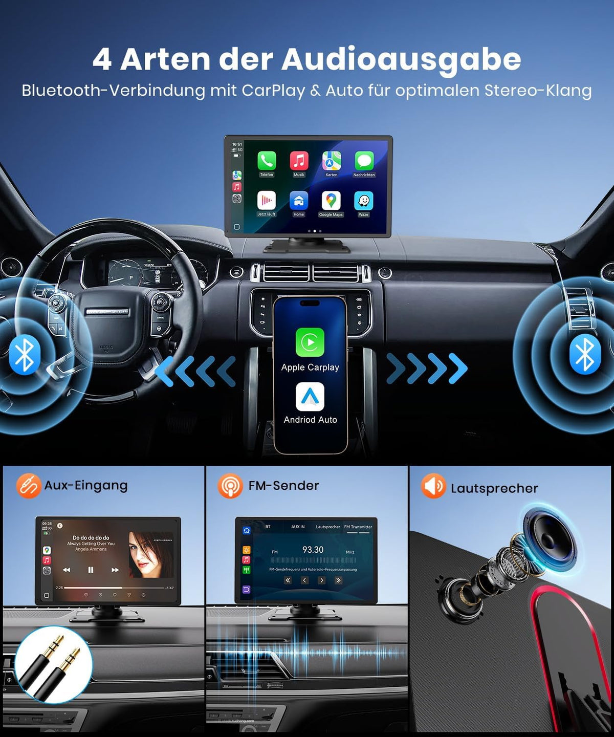 CarPlay Coche 9: Pantalla IPS HD brillante, visibilidad clara de día y de noche. Apple CarPlay y Android Auto inalámbricos, Bluetooth y WiFi 5GHz, navegación GPS, instalación fácil, cámara de marcha atrás (opcional)