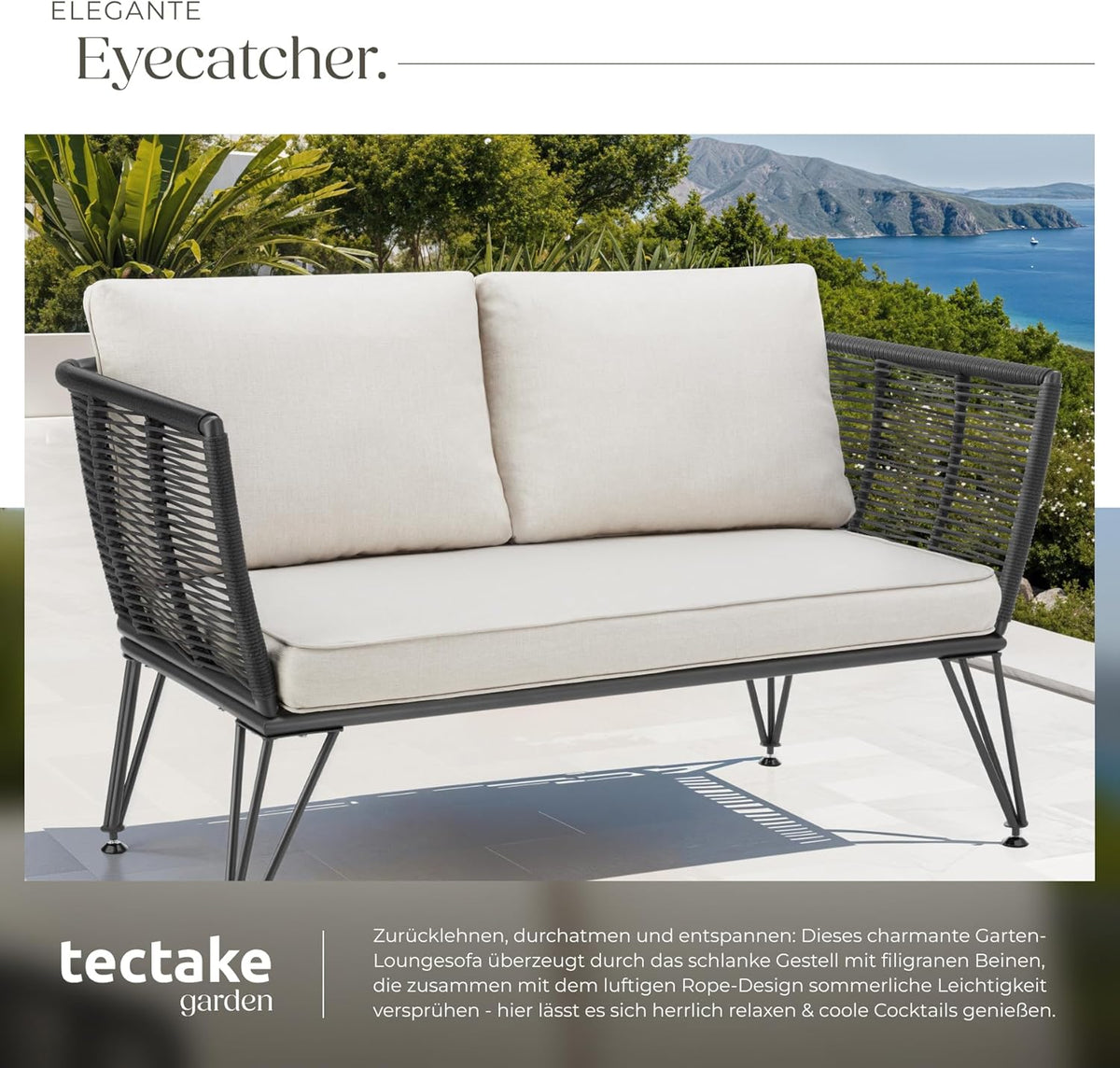 Sofá tipo lounge de ratán tectake®, muebles de salón para exteriores, muebles de balcón, muebles de exterior, muebles de jardín de ratán, sofá de jardín con cojines impermeables para exterior, muebles de balcón para balcones pequeños, jardín de invierno