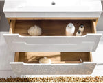 Conjunto de muebles de baño Lomadox con lavabo de 81 cm y armario con espejo LED, blanco brillante con imitación roble Wotan, armario colgante, armario bajo