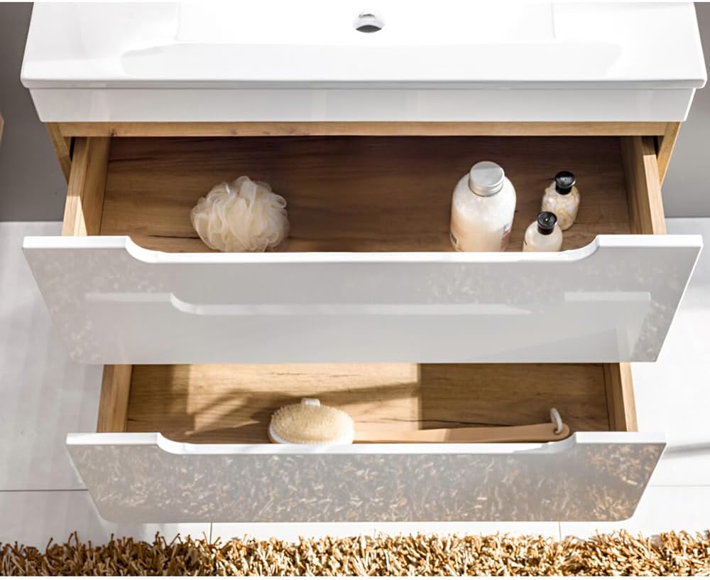 Conjunto de muebles de baño Lomadox con lavabo de 81 cm y armario con espejo LED, blanco brillante con imitación roble Wotan, armario colgante, armario bajo