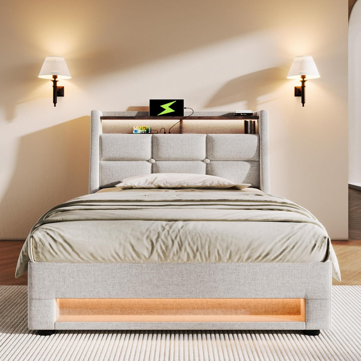 Cama tapizada individual LAKFEW 90x200 cm con cabecero LED USB, cama hidráulica con espacio de almacenamiento, estructura de cama con somier de láminas, cama juvenil, muebles de dormitorio, beige, lino, sin colchón