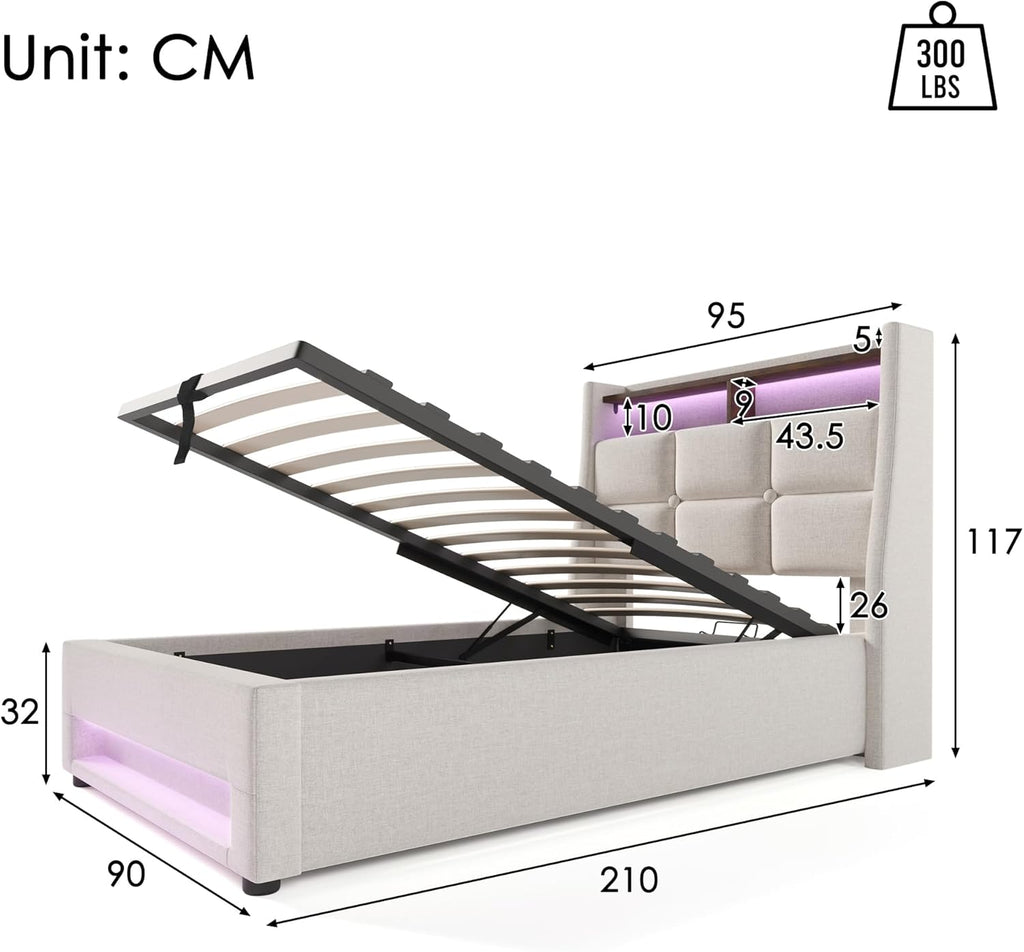 Cama tapizada individual LAKFEW 90x200 cm con cabecero LED USB, cama hidráulica con espacio de almacenamiento, estructura de cama con somier de láminas, cama juvenil, muebles de dormitorio, beige, lino, sin colchón