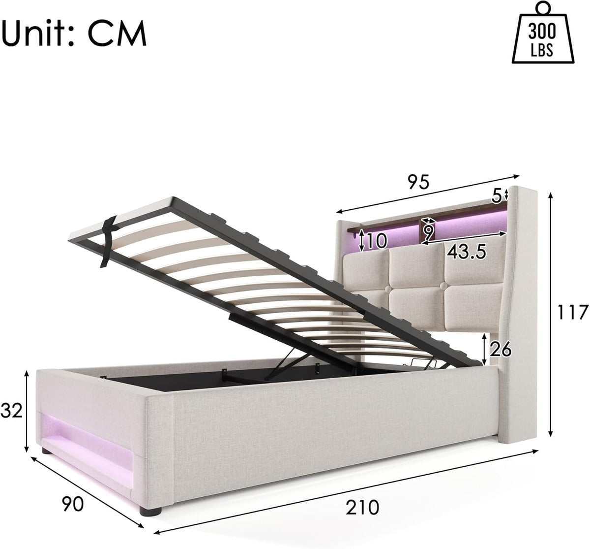 Cama tapizada individual LAKFEW 90x200 cm con cabecero LED USB, cama hidráulica con espacio de almacenamiento, estructura de cama con somier de láminas, cama juvenil, muebles de dormitorio, beige, lino, sin colchón
