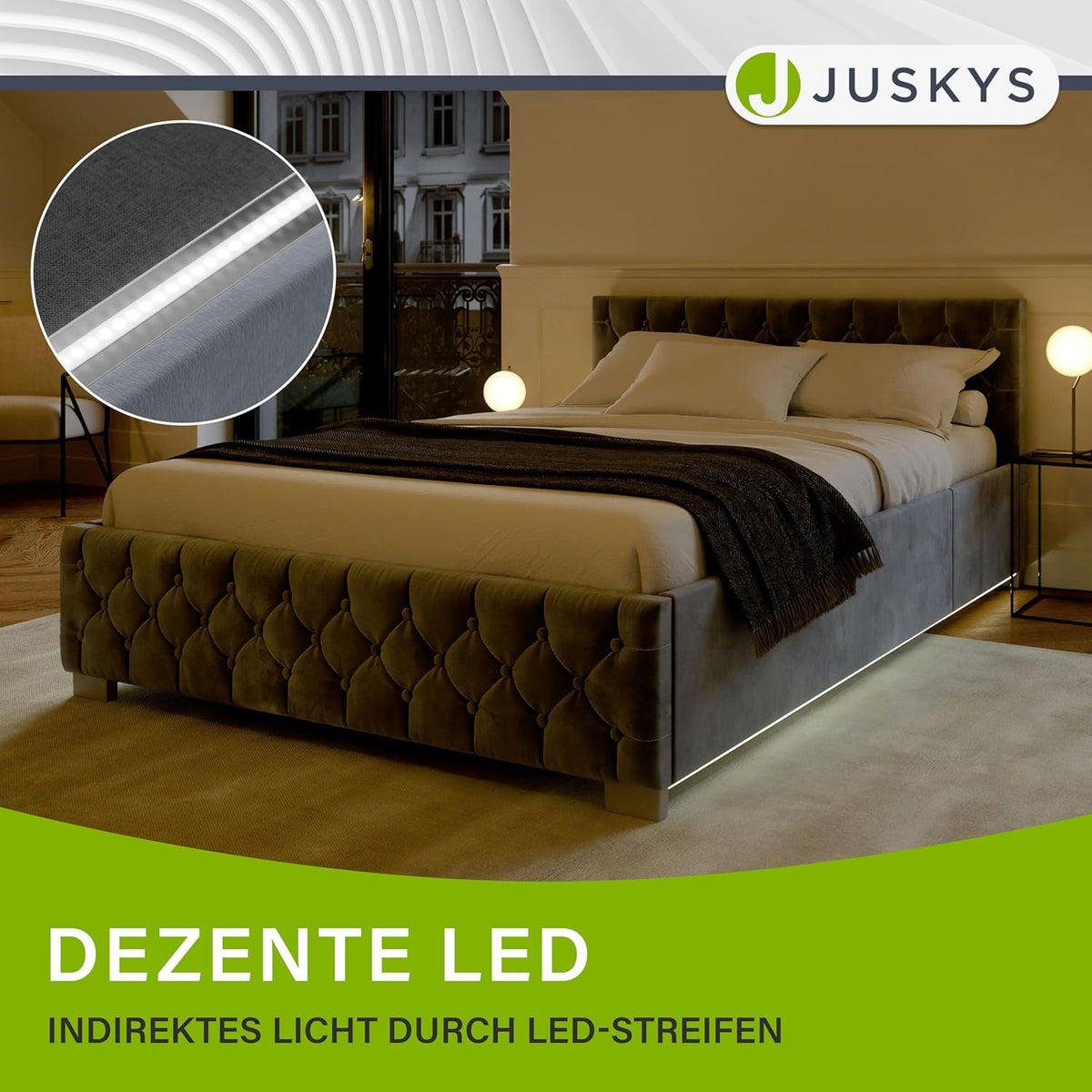 Cama tapizada Juskys Nizza 180x200 cm con colchón, estructura de cama con somier, almacenamiento y luz LED, tapizado de terciopelo, capitoné estilo Chesterfield, gris