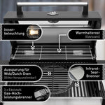 Barbacoa de gas Hektor 3B-S incl. asador giratorio y funda protectora con 3 quemadores, quemador Sear, parrilla de hierro fundido, hornillo lateral, ventana de visualización y termómetro para jardín y terraza