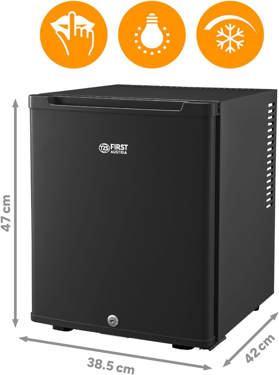 TZS First Austria - Mini Kühlschrank 30L komplett lautlos - Kleiner Minikühlschrank, wechselbarer Türanschlag & Innenbeleuchtung - Minibar für Camping, Büro, Schlafzimmer & Hotel - Mattschwarz