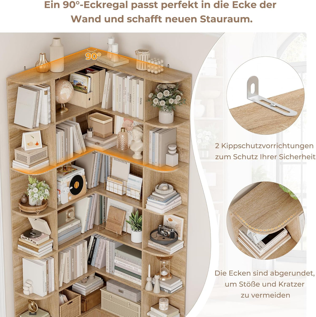 Estantería esquinera de pie FirFurd de 185 cm, librería rinconera con 6 niveles, armario esquinero en forma de L, vitrina de esquina para despacho, salón o cocina, 80 x 84 x 185 cm, roble