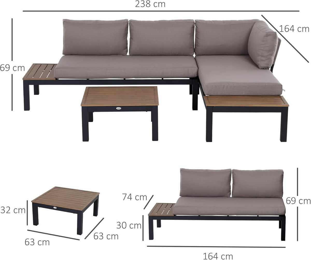 Outsunny 3-teiliges Gartenmöbel-Set mit Beistelltisch, Sofa mit Kissen, Outdoor, Aluminium, 164 x 74 x 69 cm