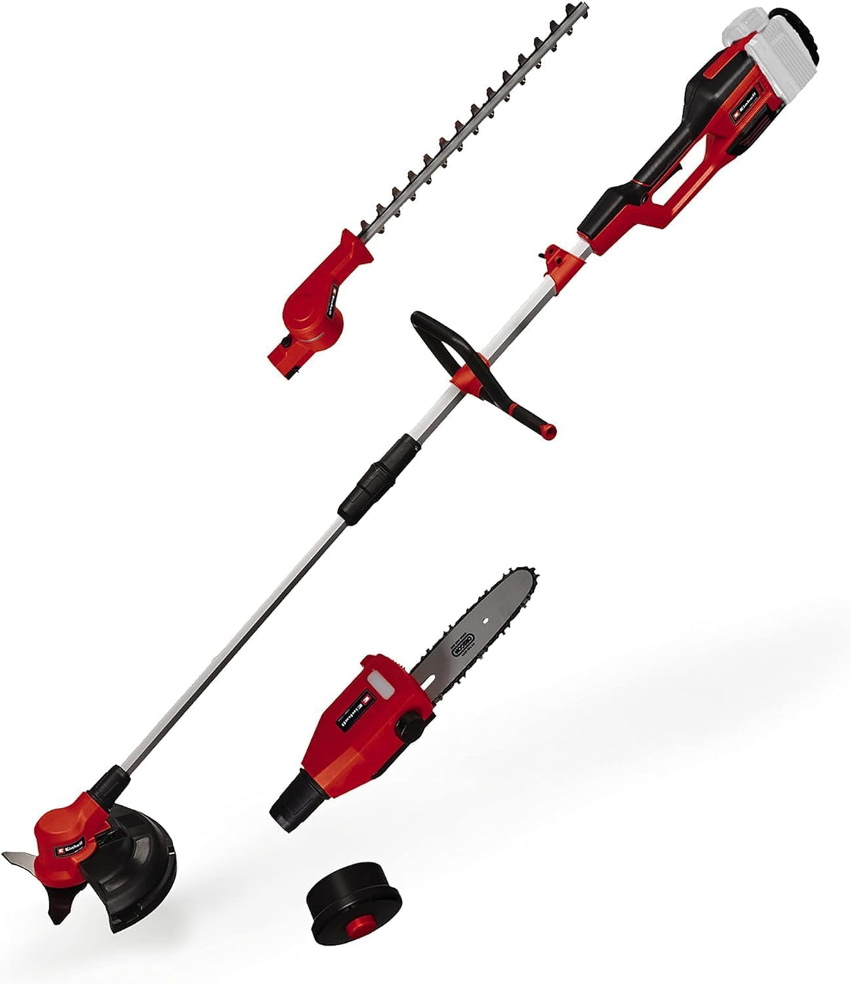Multifuncional a batería Einhell GE-LM 36/4in1 Li Power X-Change (iones de litio, 2x 18 V, motor sin escobillas, cabezal cortasetos inclinable en 7 posiciones, incluye 2 baterías de 4 Ah y cargador doble)