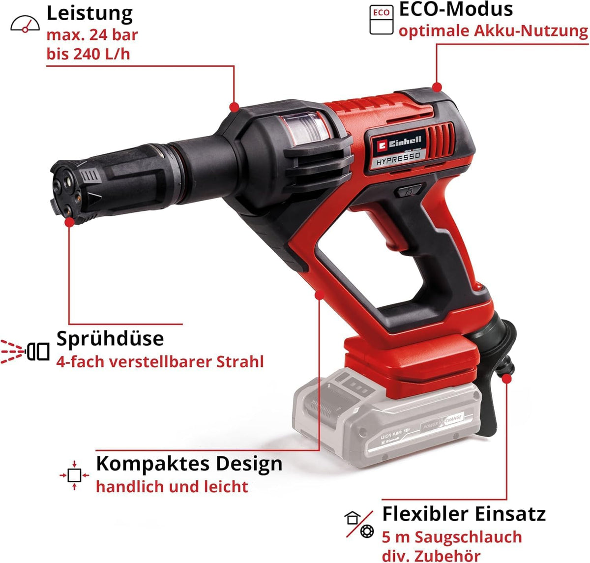 Pistola limpiadora a presión inalámbrica Einhell HYPRESSO 18/24-1 Power X-Change (18 V, 24 bar, limpieza y riego móvil, 240 l/h, incl. accesorios, sin batería ni cargador)