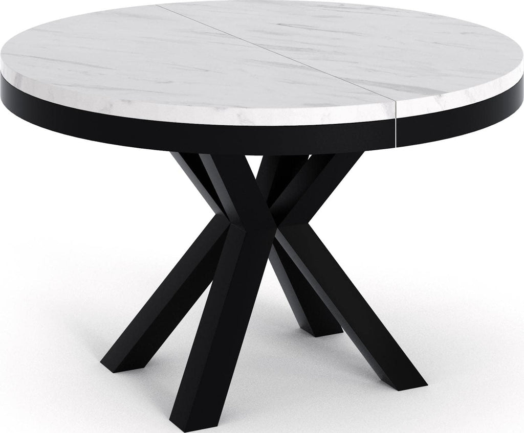 WFL GROUP Mesa de comedor redonda extensible con efecto mármol blanco - Mesa de estilo loft con patas de metal - Mesa industrial para salón - Ahorro de espacio - Mármol blanco - 100 a 180 cm