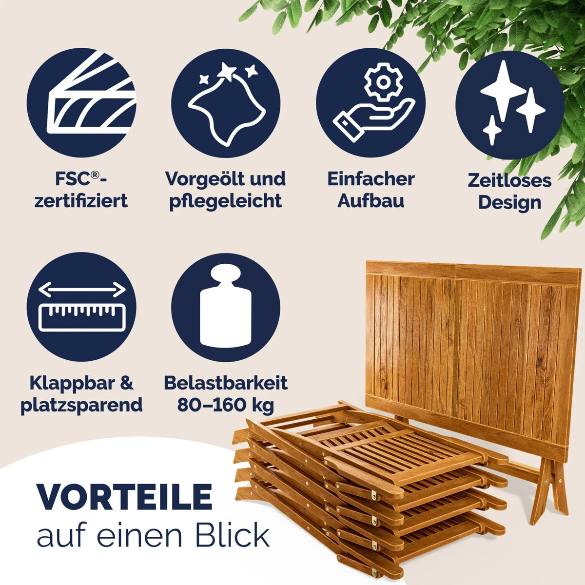 Conjunto de mesa de jardín certificado FSC para 4 personas, 200 cm, 160 kg, resistente a la intemperie, plegable, 5 piezas, acacia con reposabrazos, marrón