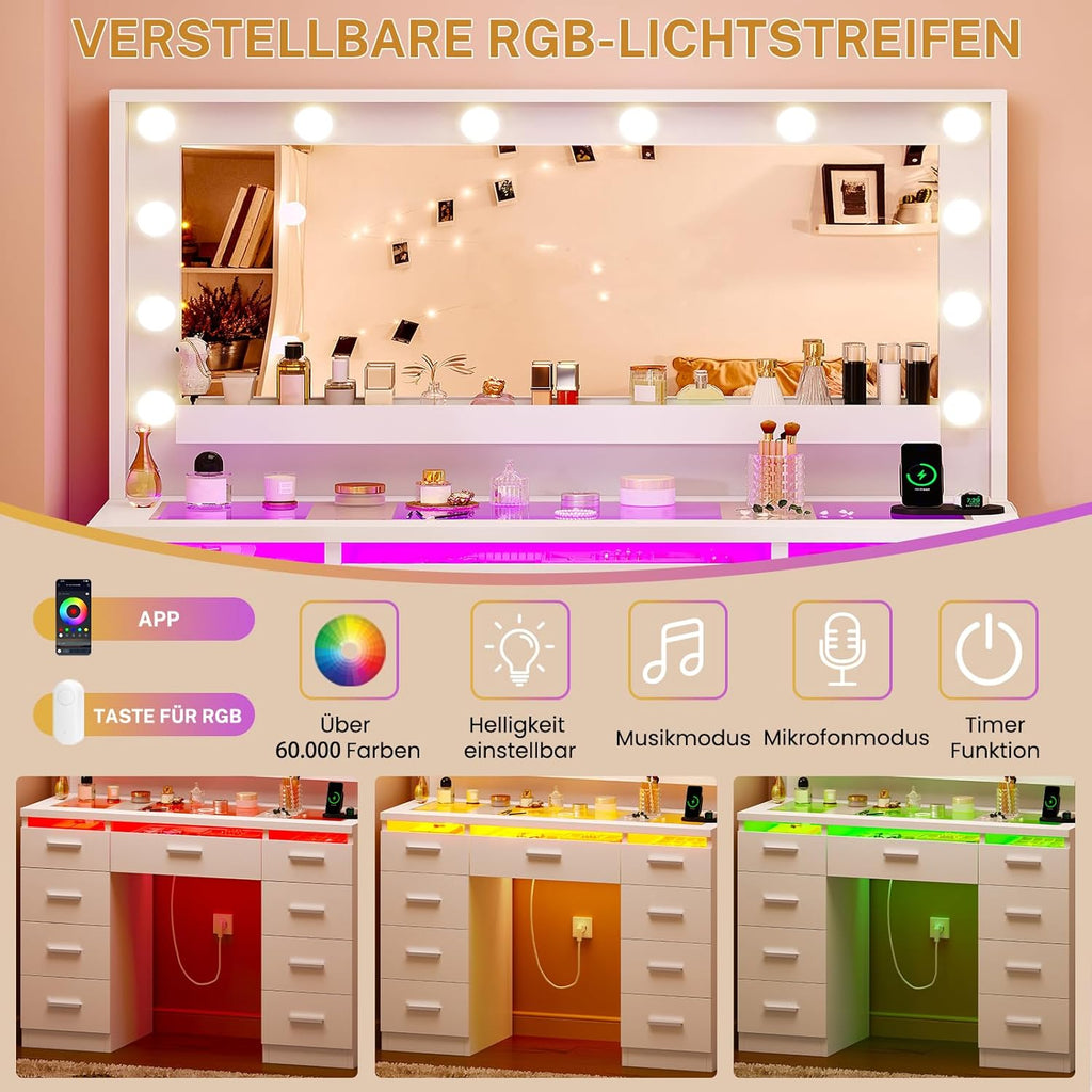 TEENFON Schminktisch mit großem LED-Spiegel, Schminktisch mit Glasplatte, RGB-Licht, 9 Schubladen, hängenden Regalen, 2 Steckdosen – dimmbare 3-Farben-Beleuchtung, Weiß