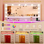 TEENFON Schminktisch mit großem LED-Spiegel, Schminktisch mit Glasplatte, RGB-Licht, 9 Schubladen, hängenden Regalen, 2 Steckdosen – dimmbare 3-Farben-Beleuchtung, Weiß