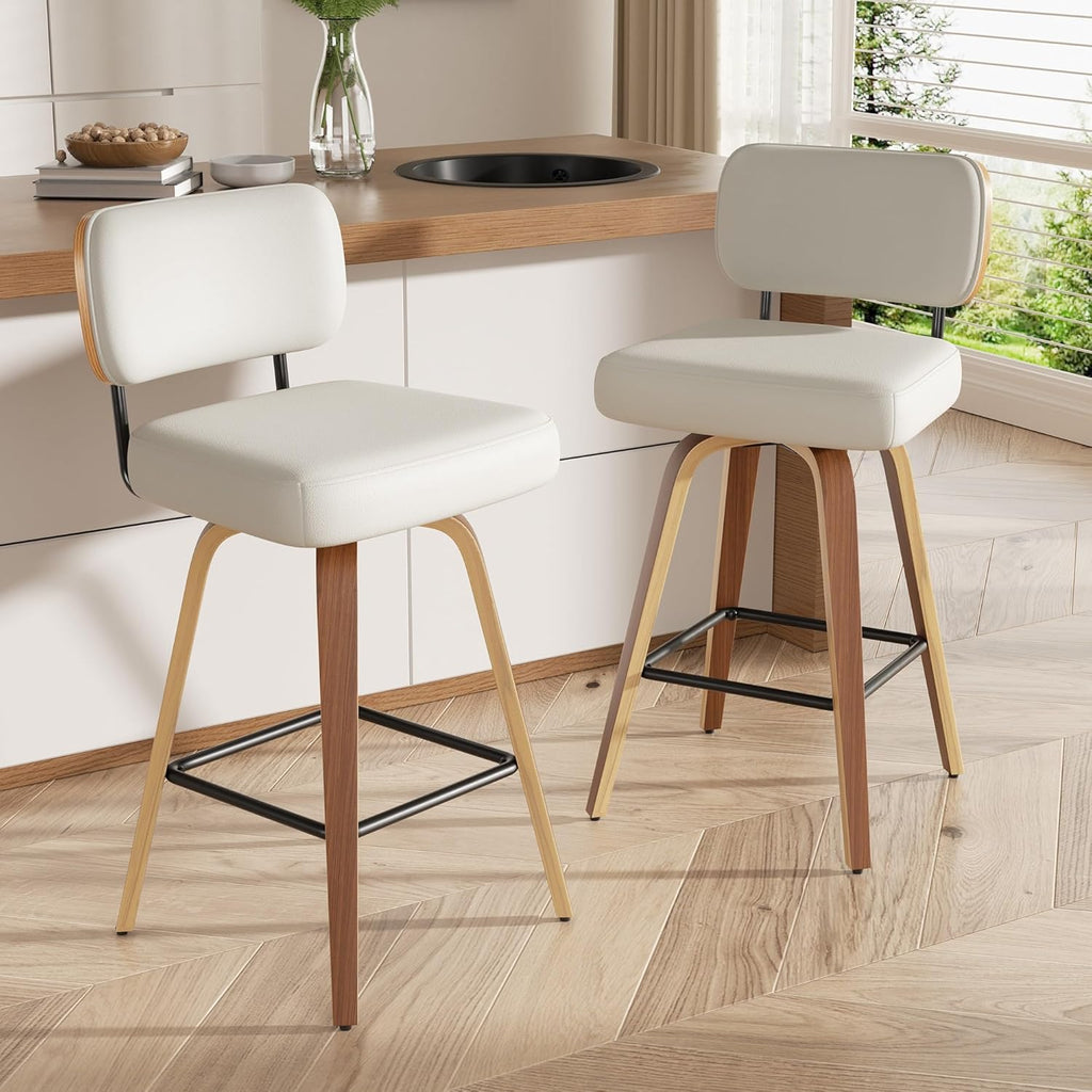 Juego de 2 taburetes de bar giratorios con respaldo, altura de asiento de 65 cm, piel sintética y madera maciza, diseño de mediados de siglo con 4 patas y reposapiés, sillas de bar para cocina y bar en color beige