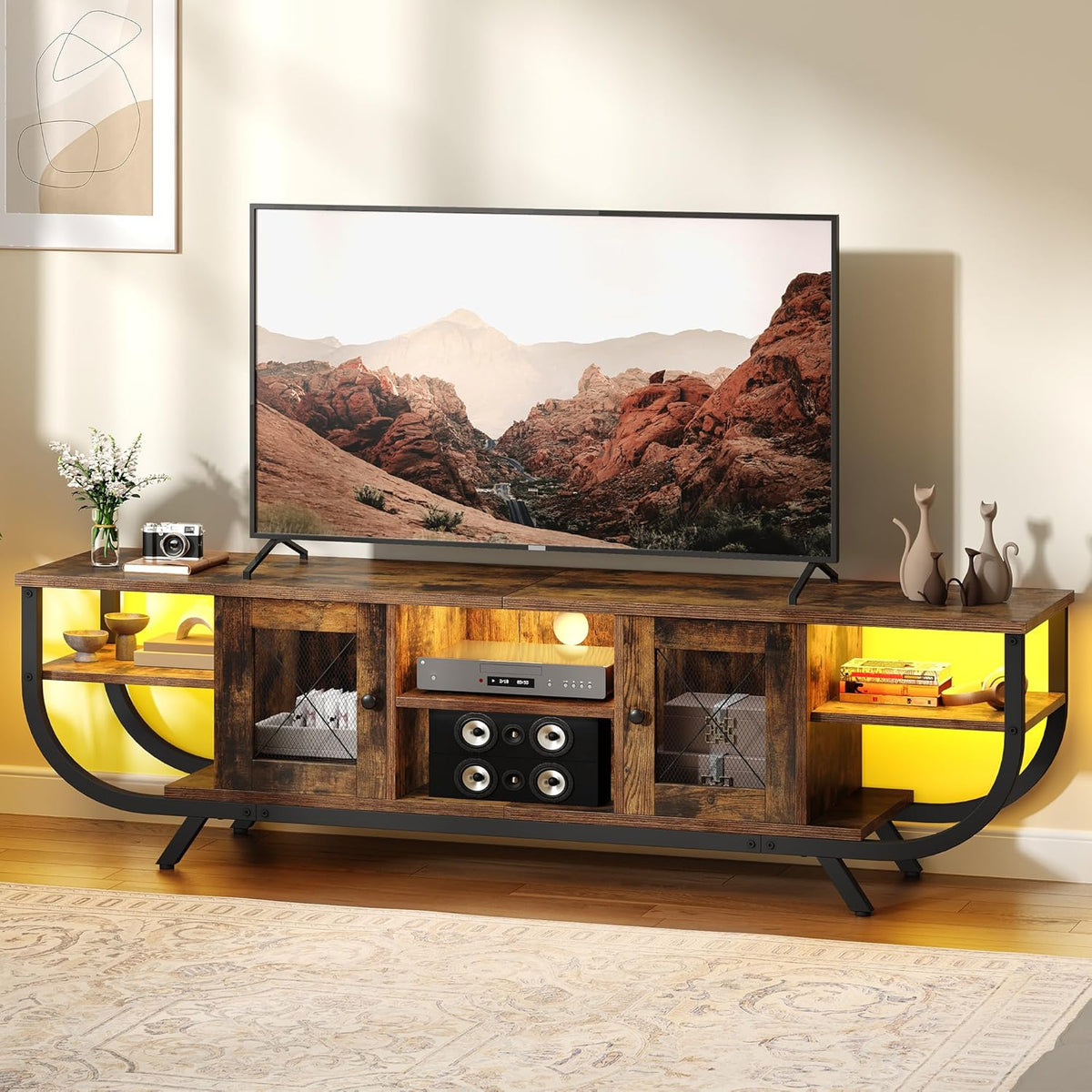 YITAHOME Industrielles TV-Schrank,160cm TV Lowboard für Fernseher bis zu 65 Zoll mit LED-Beleuchtung,Wohnzimmer Fernsehschrank TV Board mit Offenen Stauraum,Vintagebraun