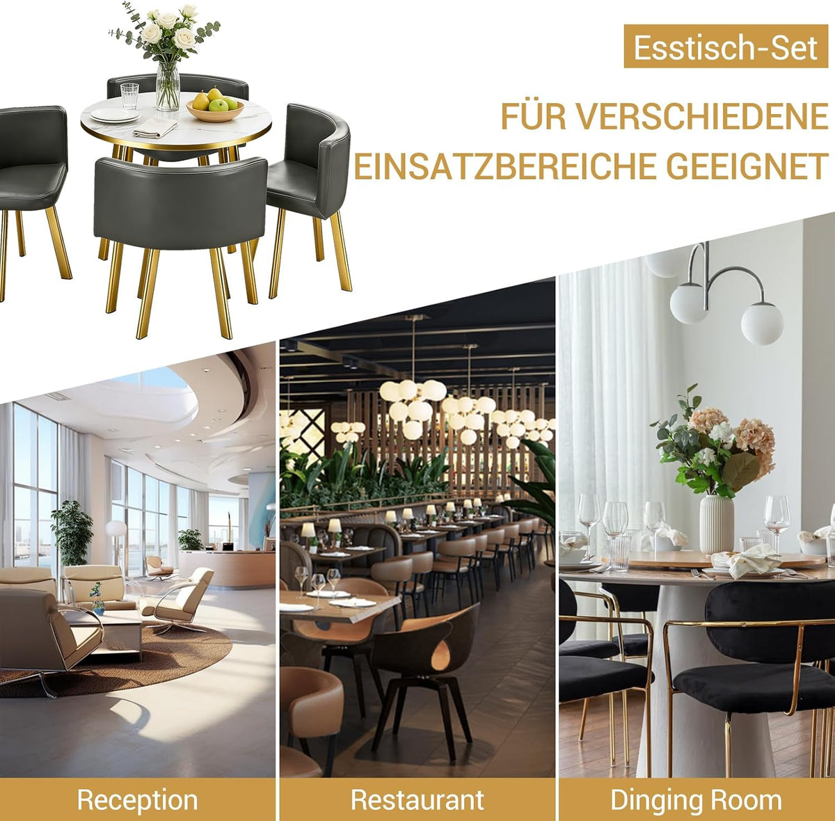 Juego de comedor de 5 piezas, mesa de comedor redonda de 90 cm con 4 sillas, moderna mesa de cocina de MDF con 4 sillas tapizadas para cocina, sala de estar, balcón, restaurante (dorado)
