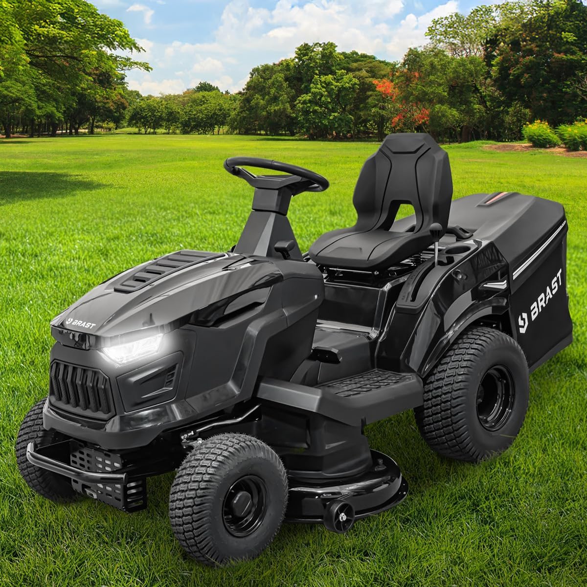 Tractor cortacésped a gasolina BRAST | 9,2 kW (12,5 CV) | Arranque eléctrico | Ancho de corte XXL de 98 cm | Función 2 en 1 | Transmisión de 7 velocidades | Cesta de recogida de 245 L | para grandes superficies de césped de 1.000-5.000 m²