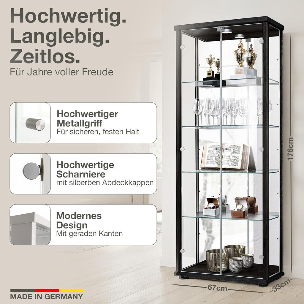 Glas Vitrinenschrank 2-türig (176x67x33cm) - Made in Germany - Standvitrine Schwarz mit 4 höhenverstellbaren Glasböden, Spiegel, Schloss & LED - Glasvitrine Stehend - Sammler