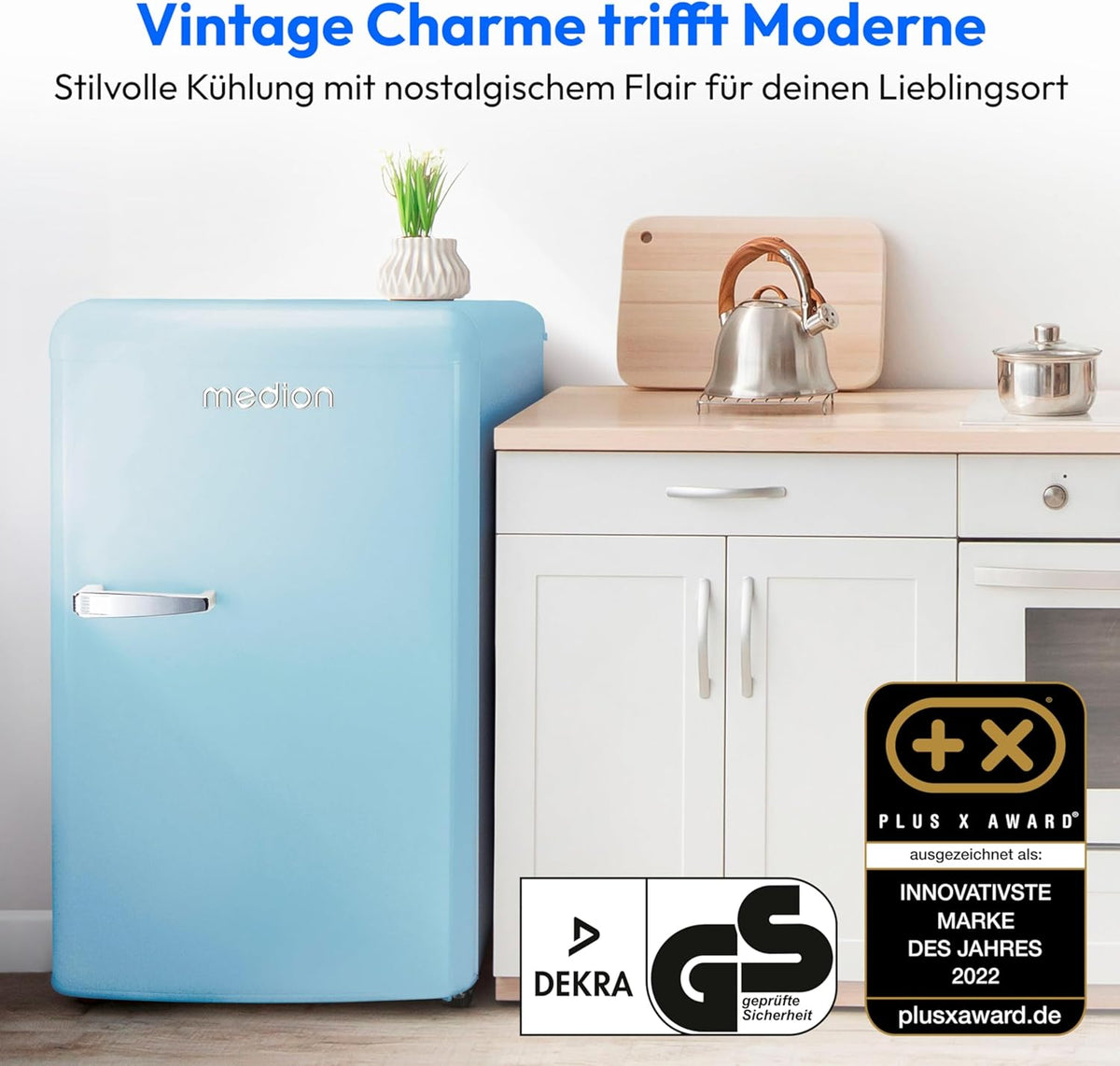 MEDION Retro Kühlschrank (91 Liter, 91cm Höhe (höhenverstellbare Füße), höhenverstellbare Glasablagen, transparente Gemüseschublade, freistehend, Türanschlag rechts, Metall Türgriff, MD37800) blau