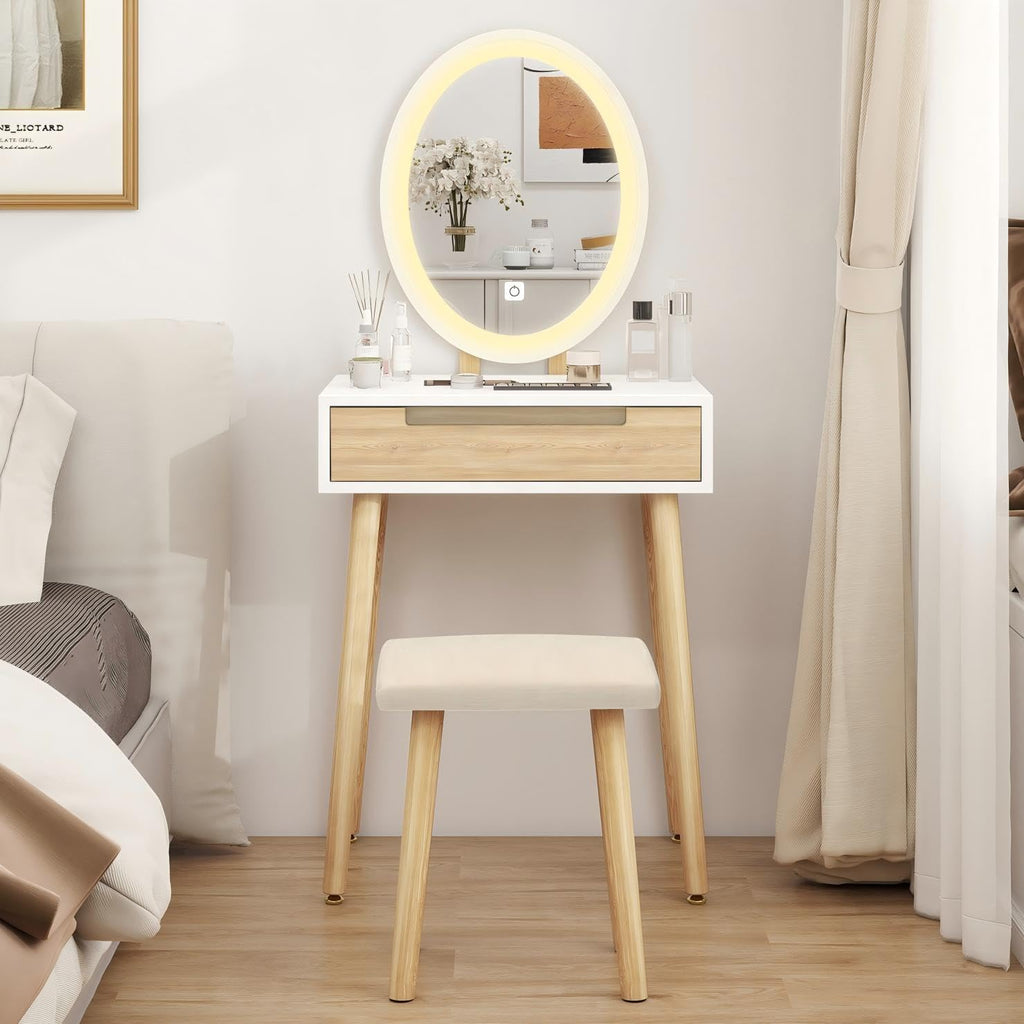 Tocador YU YUSING con iluminación, mesa de maquillaje con espejo LED y cajones, tocador con taburete acolchado, cómoda para maquillaje, moderno