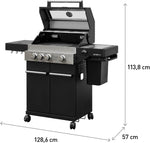 Barbacoa de gas Hektor 3B-S incl. asador giratorio y funda protectora con 3 quemadores, quemador Sear, parrilla de hierro fundido, hornillo lateral, ventana de visualización y termómetro para jardín y terraza