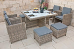 Ragnarök PolyRattan - DEUTSCHE Marke - EIGENE Produktion - 8 Jahre Garantie - Gartenmöbel Essgruppe Tisch 4 Stuhl Hocker 12 Polster Grau Rostfrei Aluminium Natur Dining Würfel Glas