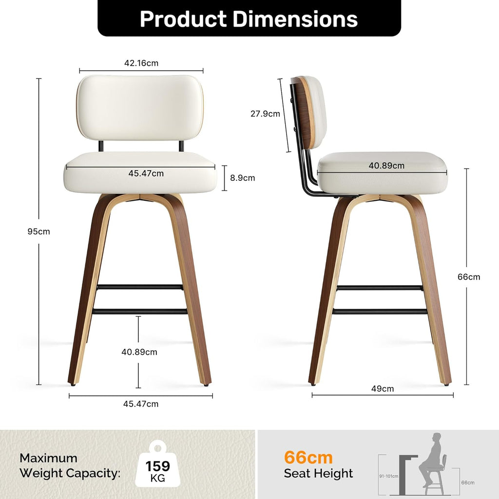 Juego de 2 taburetes de bar giratorios con respaldo, altura de asiento de 65 cm, piel sintética y madera maciza, diseño de mediados de siglo con 4 patas y reposapiés, sillas de bar para cocina y bar en color beige