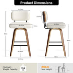 Juego de 2 taburetes de bar giratorios con respaldo, altura de asiento de 65 cm, piel sintética y madera maciza, diseño de mediados de siglo con 4 patas y reposapiés, sillas de bar para cocina y bar en color beige