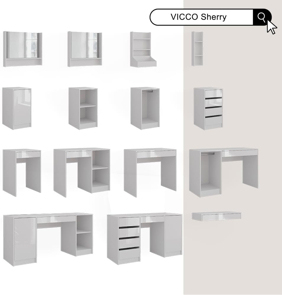 Tocador Vicco Sherry, blanco/blanco alto brillo, 158,2 cm, 5 piezas, con iluminación LED y taburete acolchado