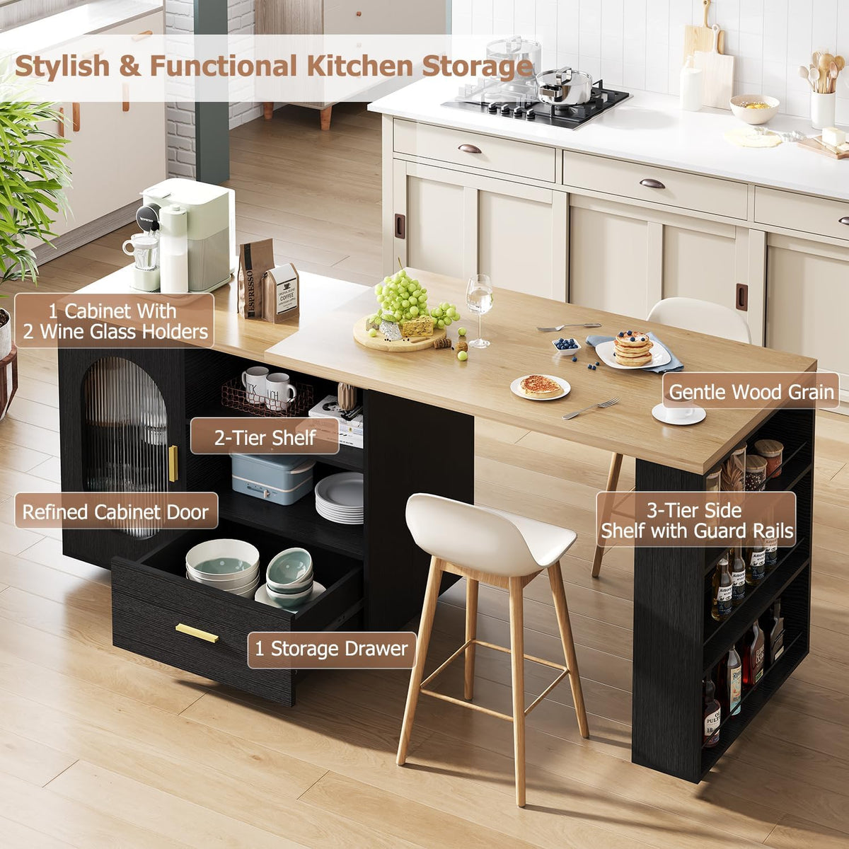 Isla de cocina IBF con asientos, mesa giratoria de 360 grados, isla de cocina con armario de almacenamiento, cajón y estantes, carrito de isla móvil con ruedas para comedor, bar en casa, color negro y roble, 184 cm