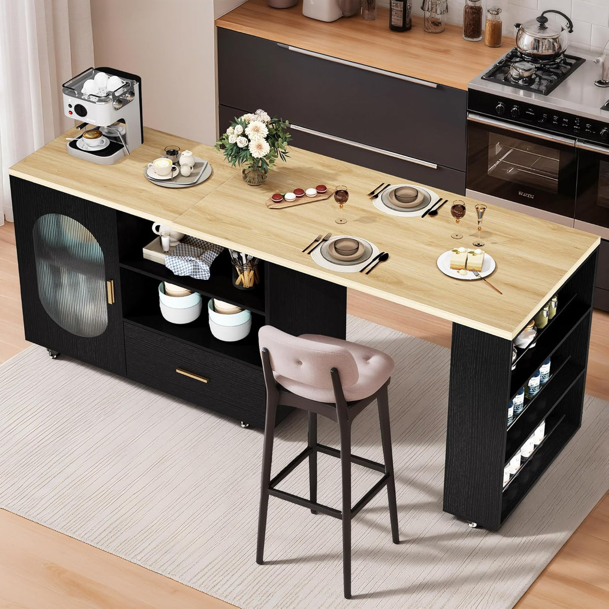 Isla de cocina IBF con asientos, mesa giratoria de 360 grados, isla de cocina con armario de almacenamiento, cajón y estantes, carrito de isla móvil con ruedas para comedor, bar en casa, color negro y roble, 184 cm