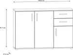 Cómoda Forte IKOLI 120, cómoda moderna, 3 puertas, 2 cajones, salón/dormitorio, pasillo, madera derivada, blanco con decoración de roble Sonoma, 119,6 cm de ancho x 81,7 cm de alto x 31,4 cm de fondo