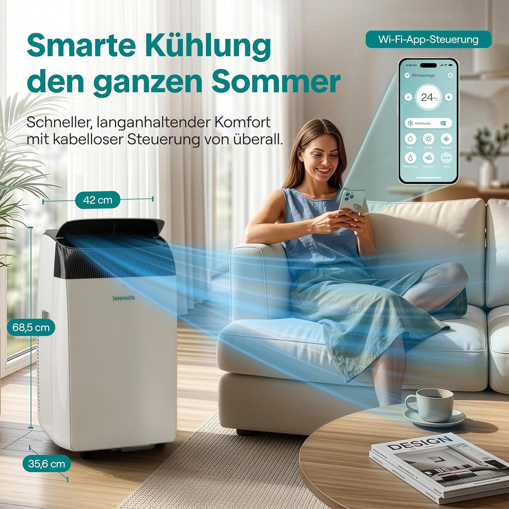 SereneLife klimagerät Mobil- mit Abluftschlauch, 12000 BTU WLAN, 4-in-1 Klimaanlage- Kühlen/Heizen/Ventilieren/Entfeuchten, Digitaldisplay, Timer und Fensterkit, bis 35m², für heiße Sommertage